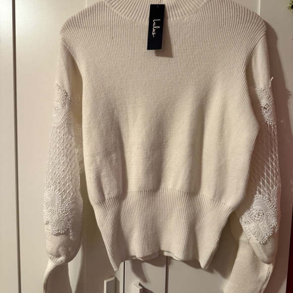 Lulus Dearest Details White Mock Neck Lace Sleeve Sweater - Size M - Picture 2 of 10